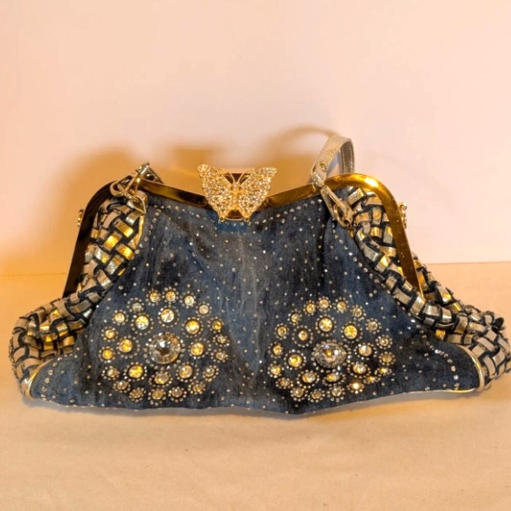 Jeweled Denim Handbag w Butterfly Clasp Gold and Silver